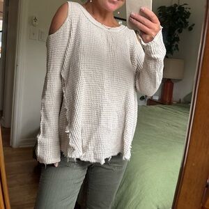 Free People Cream Cut-Out Shoulder Sweater